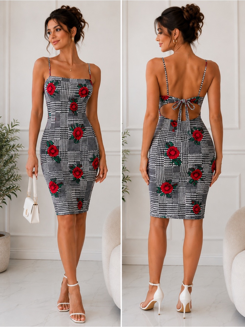 Red Floral Plaid Bodycon Dress with Tie-Back